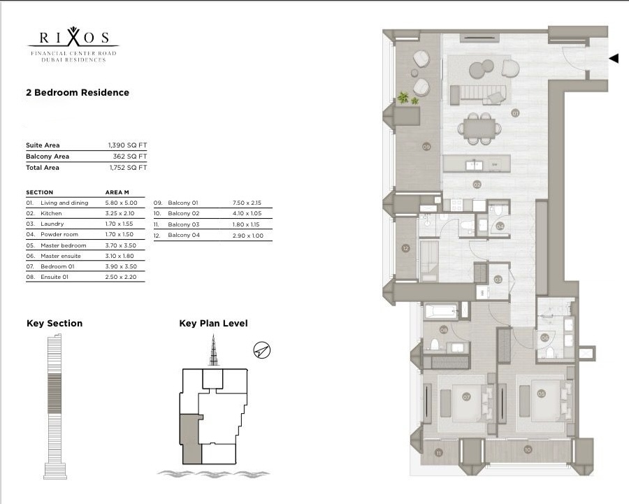 Rixos FCR 2-BR apartment floorplan Distress Deal showing detailed layout of corner unit with spacious living area, bedrooms, balcony, and circulation plan