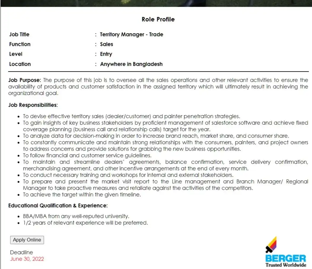 Berger Paints Bangladesh Limited Job Circular 2025