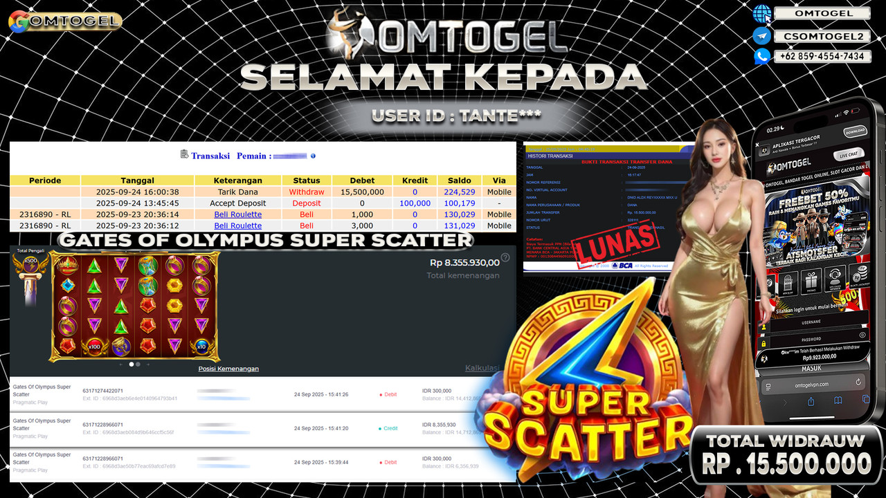 OMTOGEL JACKPOT PRAGMATIC PLAY GATES OF OLYMPUS SUPER SCATTER 15 JUTA DI BAYAR LUNAS ,-