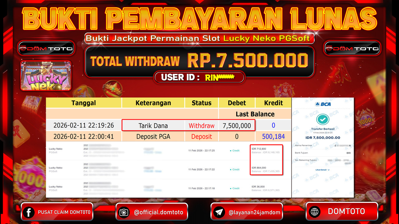 JACKPOT SLOT Menang Slot Lucky Neko PGSoft 11 FEBRUARI 2026