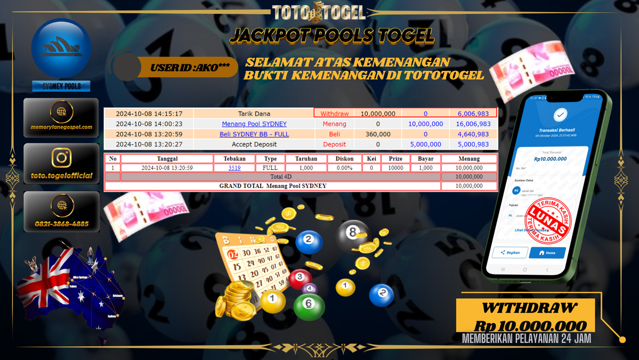 Bukti Kemenangan Permainan Pools Togel SydneyID : AKO*** Terbayar Lunas!!