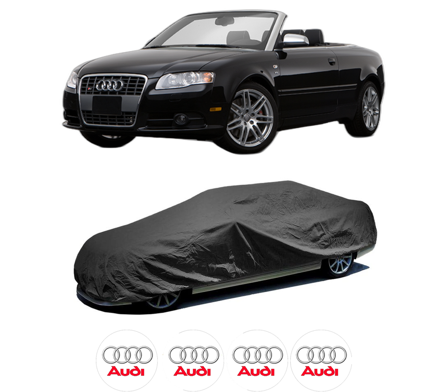 Husa tip prelata auto pentru AUDI A4 B7 Convertible (8HE) din 2005-2009, Culoare Negru, material textil impermeabil, rezistanta la intemperii praf UV, CARPASSION Husa Protectie, 4 Stickere auto cu AUDI