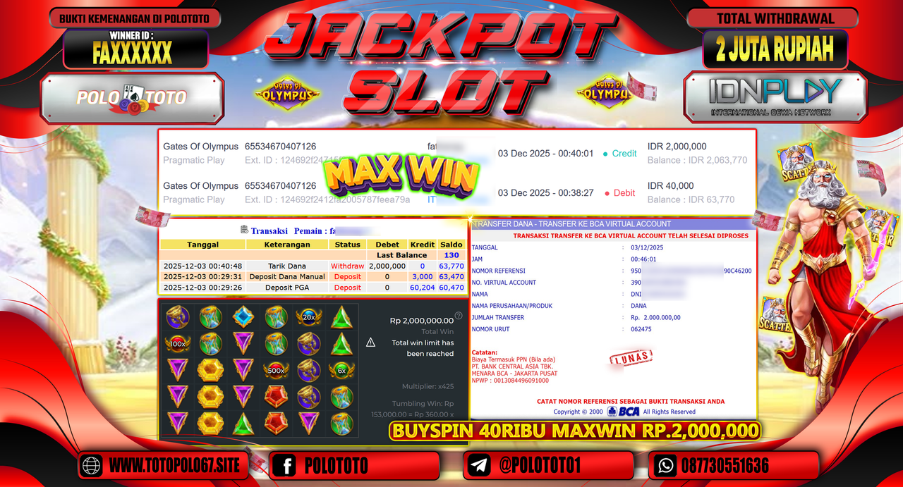 POLOTOTO JACKPOT SLOT GATES OF OLYMPUS 1000 Rp.2.000.000,- LUNAS