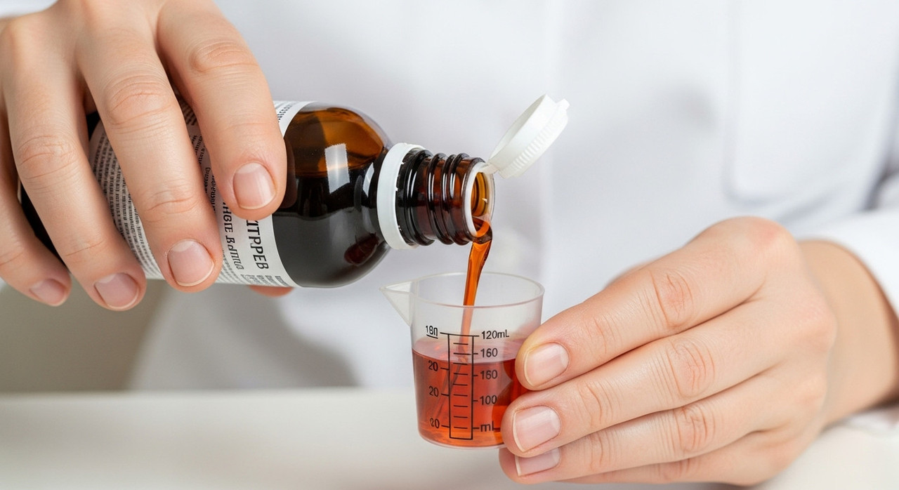 Рука принимает дозу многокомпонентного сиропа от кашля при фарингите.