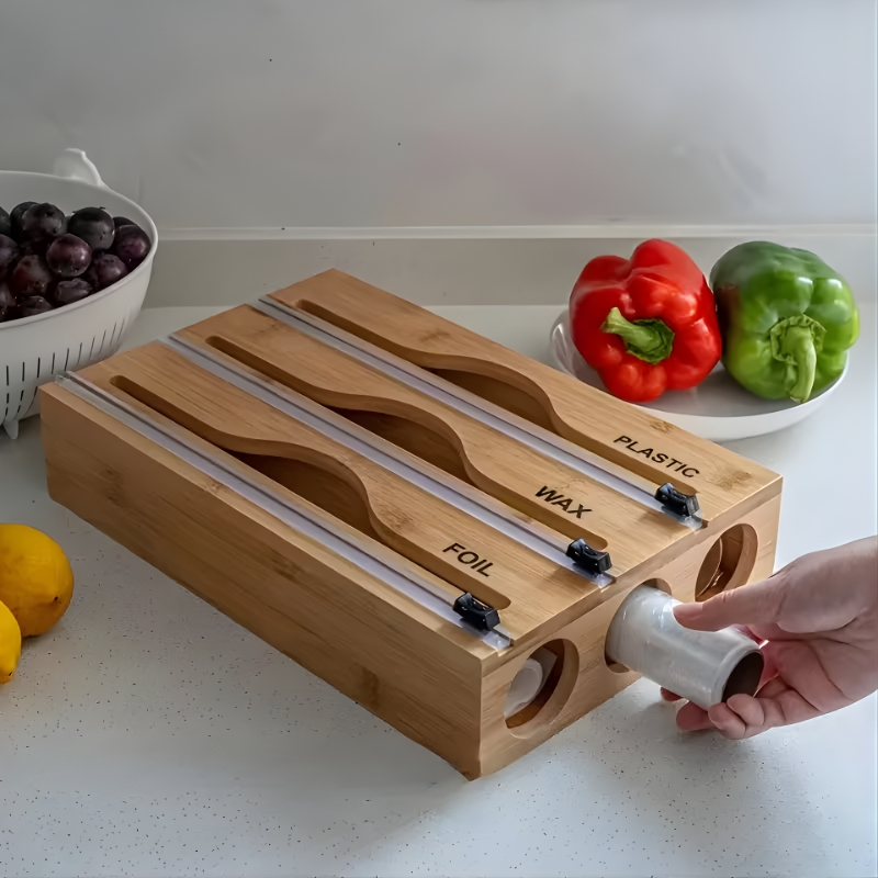 3-in-1 Bamboo Wrap Dispenser with Cutter for Plastic, Foil, and Wax Paper