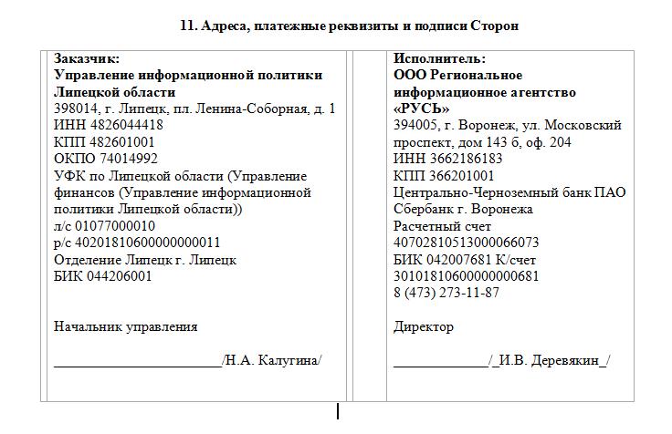 Юридические реквизиты сторон