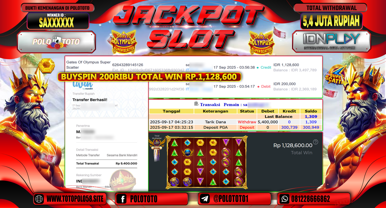 POLOTOTO JACKPOT SLOT GATES OF OLYMPUS SUPER SCATTER Rp.5.400.000,-