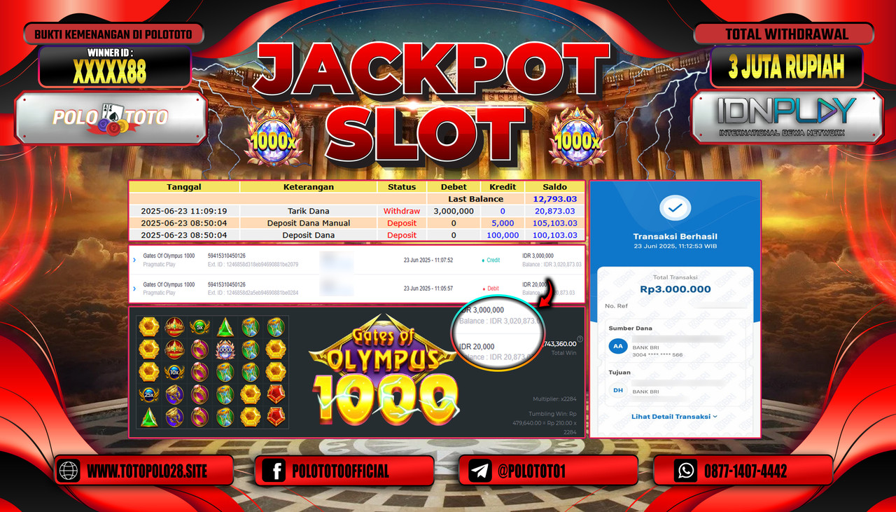 POLOTOTO JACKPOT SLOT GATES OF OLYMPUS 1000 Rp.3.000.000,- LUNAS