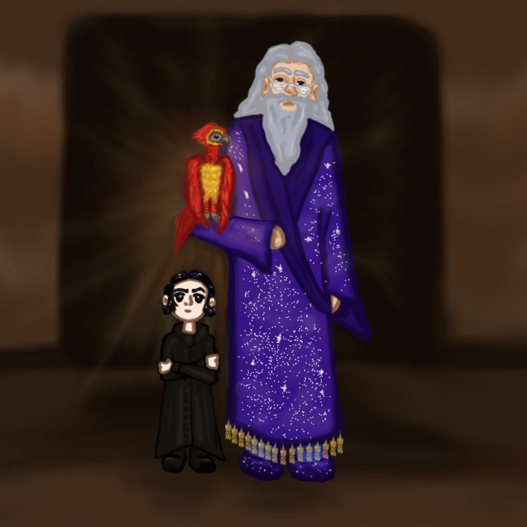 Dumbledore standing with Fawkes on his arm and little Snape standing beside him with crossed arms