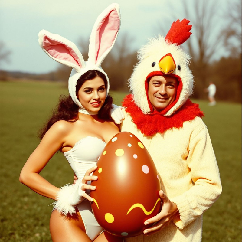 1970 vintage style._0Aa beautiful womn wearing a sexy bunny suit and a man wearing a hen costume