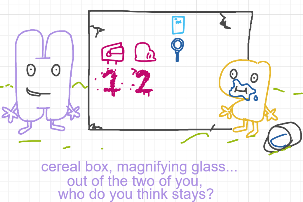 A panel from You're In Danger, Boy, episode seven of the Board Boards object show by Furretwalk/WalkingFurret.