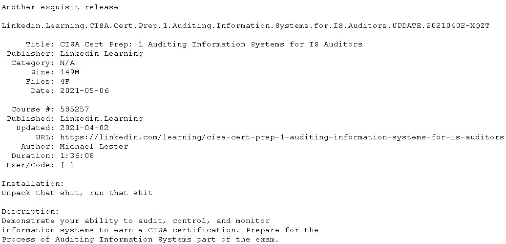 Linkedin Learning CISA Cert Prep 1 Auditing Information Systems for IS Auditors UPDATE 20210402-XQZT Linkedin Learning CISA Cert Prep 1 Auditing Information Systems for IS Auditors UPDATE 20210402-XQZT