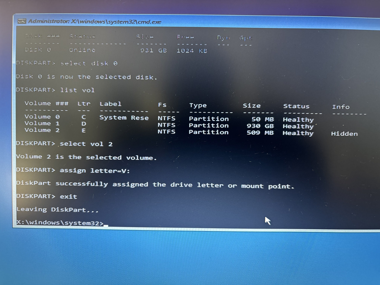 Diskpart — list vol (identifying partitions)