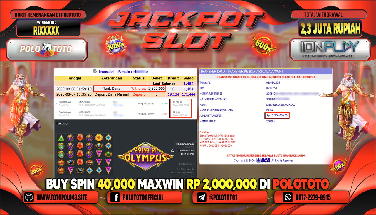 POLOTOTO JACKPOT SLOT GATES OF OLYMPUS Rp.2.300.000,-LUNAS