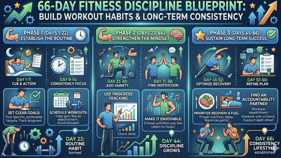 66 day fitness discipline blueprint showing build workout habits and gym discipline guide for long-term fitness consistency