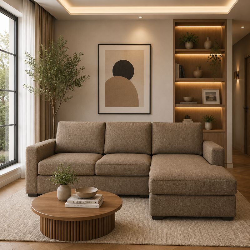 كنبة زاوية رُكنة على شكل حرف L بتصميم عصري قماش عالي الجودة - اللون بنى - مقاس 210 / 120 × 85 × 85 سم