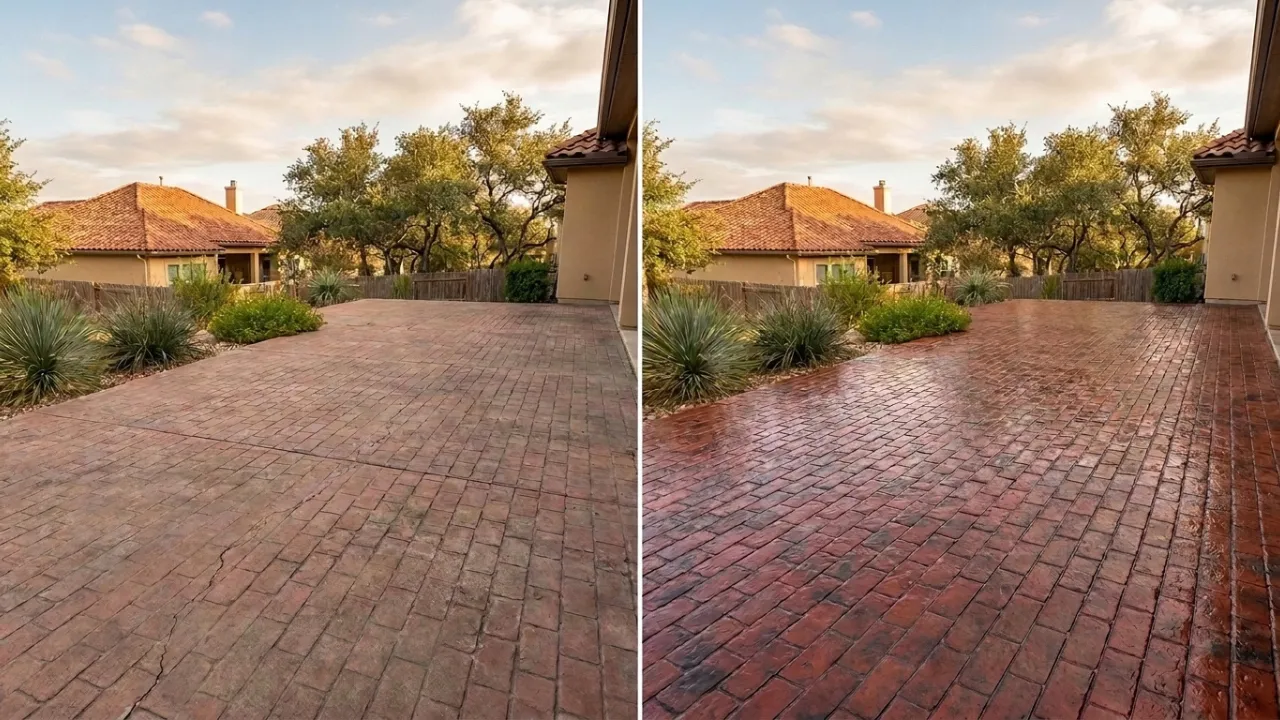 Finished stamped concrete patio in San Antonio, TX with a brick running-bond pattern and earth-tone release color — decorative finish that mimics natural brick without the maintenance, installed by Affordable Concrete San Antonio