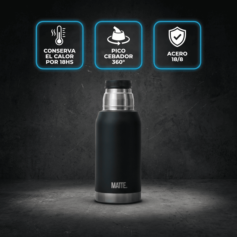 Beneficios del Termo MATTE: conserva 18hs calor, pico cebador 360, acero 18/8