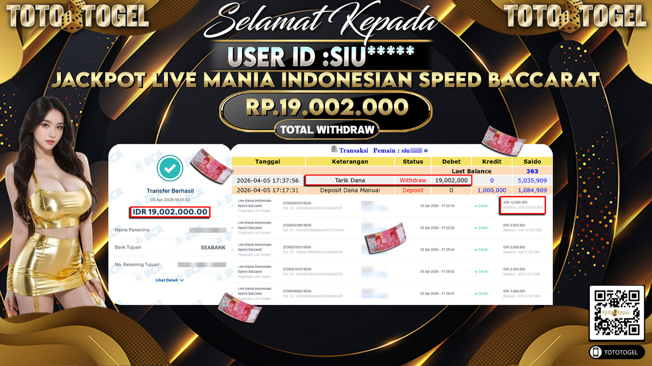 Bukti Pembayaran Jackpot Permainan Pragmatic Live Mania Indonesian Speed Baccarat ID:SIU*****LUNAS