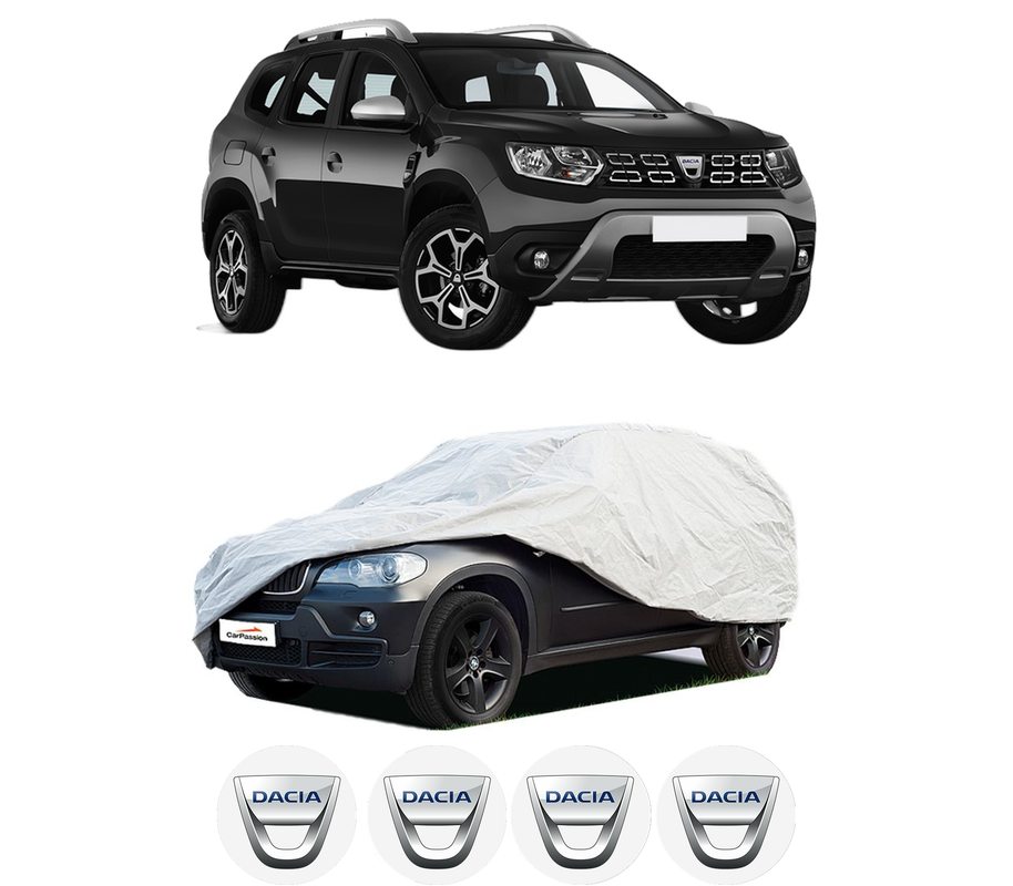 Husa tip prelata auto pentru DACIA DUSTER (HM_) din 2017-2022, Culoare Gri, material textil impermeabil, rezistanta la intemperii praf UV, CARPASSION Husa Protectie, 4 Stickere auto cu DACIA