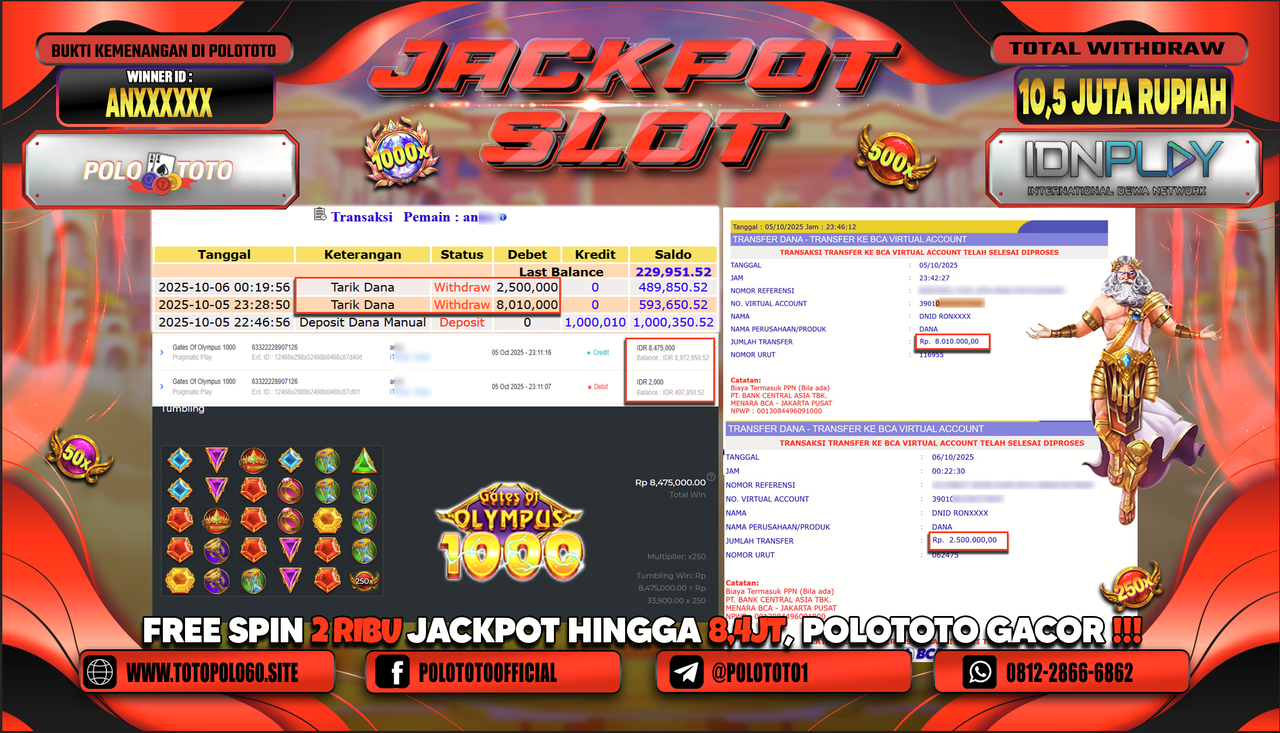 POLOTOTO JACKPOT SLOT GATES OF OLYMPUS 1000 Rp.10.500.000,- LUNAS