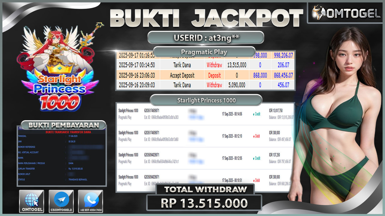 OMTOGEL JACKPOT PRAGMATIC PLAY STARLIGHT PRINCESS 1000 13 JUTA DI BAYAR LUNAS ,-