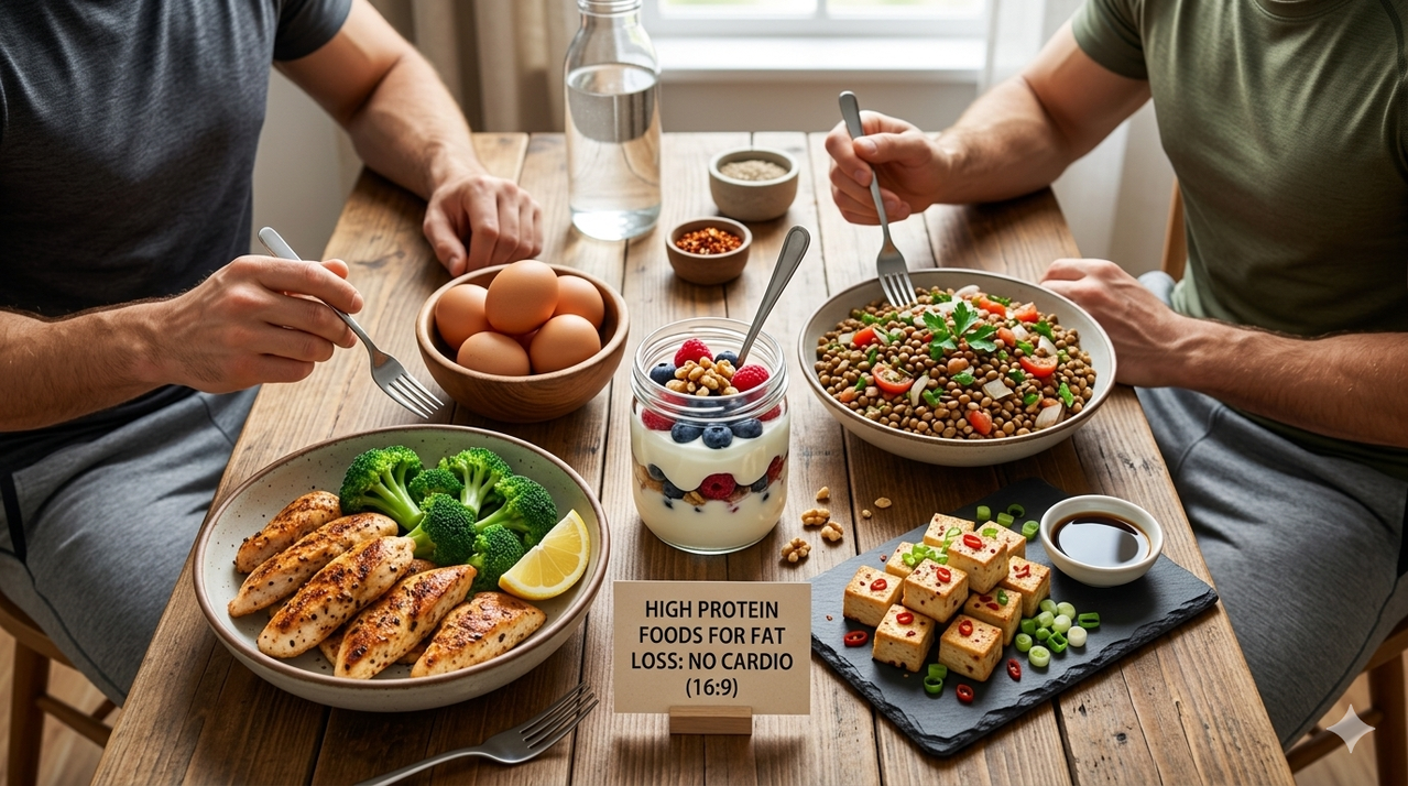High protein foods for fat loss without cardio including chicken eggs Greek yogurt lentils and tofu arranged on wooden table