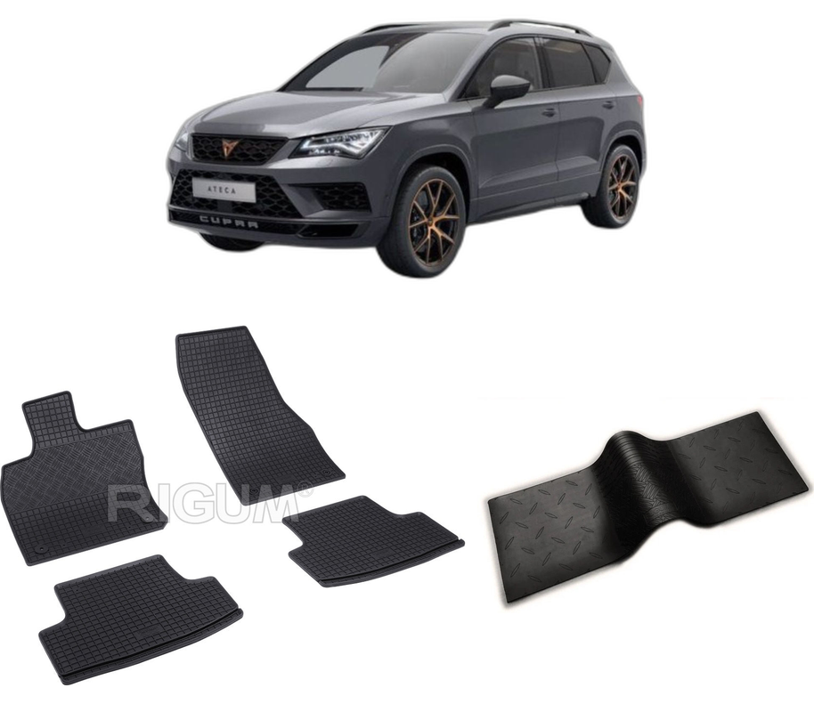 Set covorase auto CUPRA ATECA din 2018-PREZENT, cu covoras tunel median, CAROSERIE SUV, Presuri cauciuc 100%, compatibil cu autoturismul CUPRA ATECA, Rigum