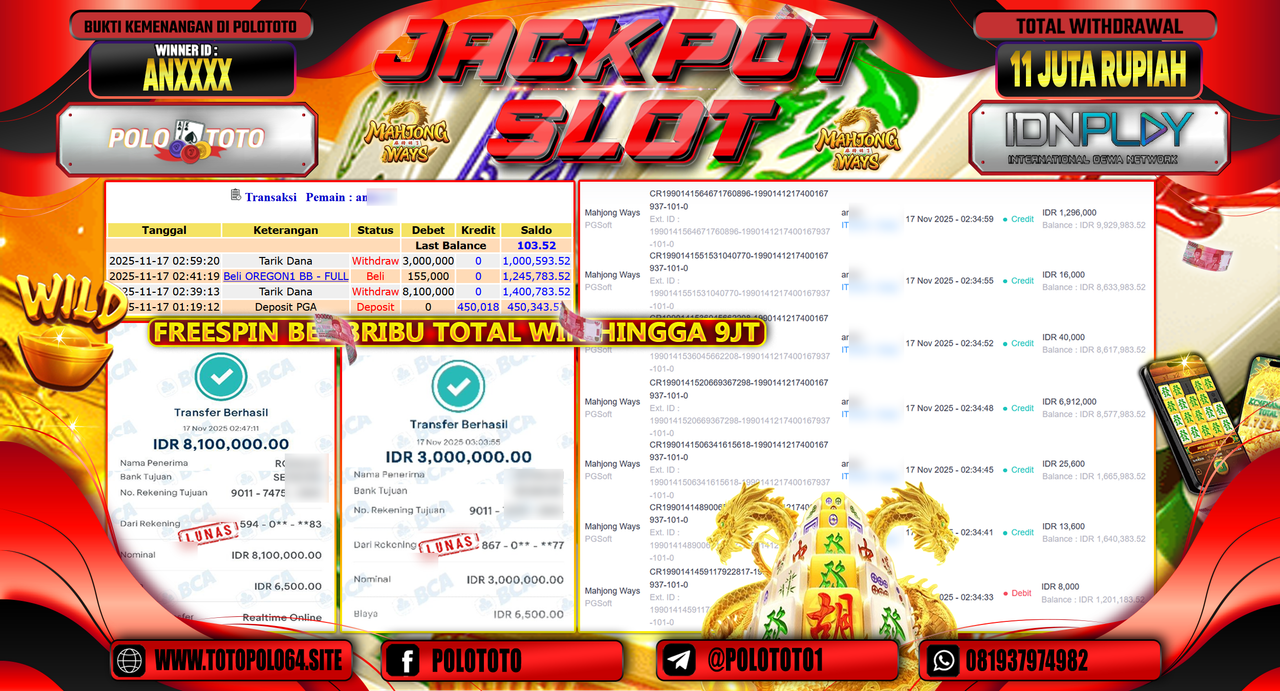 POLOTOTO JACKPOT SLOT MAHJONG WAYS Rp.11.000.000,- LUNAS