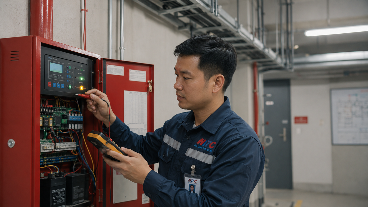 Đội ngũ kỹ sư NTC khảo sát hệ thống báo cháy tại công trình