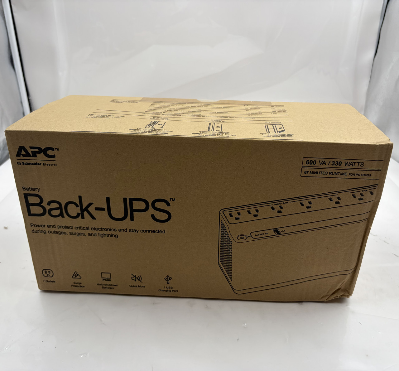 APC BACK-UPS BE600M1 600VA 330WATTS 67 MIN RUNTIME 7 OUTLETS 1 USB CHARGING PORT