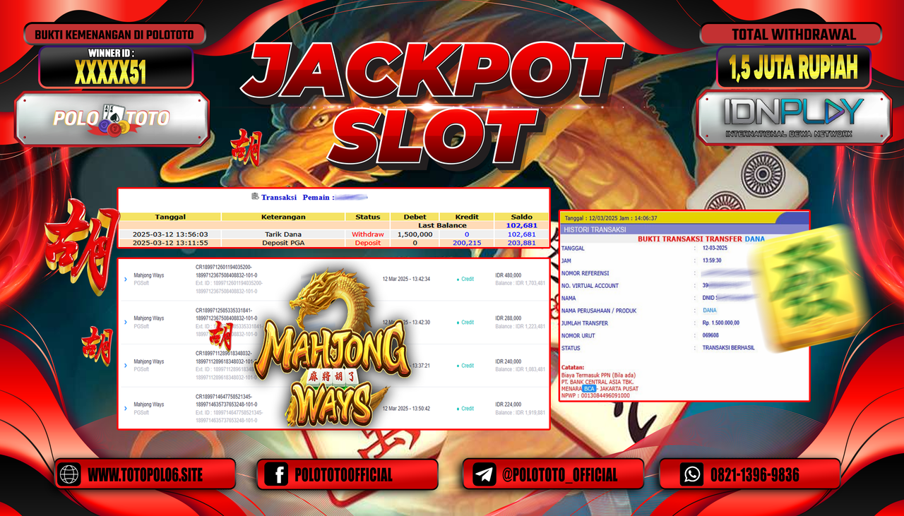 POLOTOTO JACKPOT SLOT MAHJONG WAYS Rp.1.500.000,-