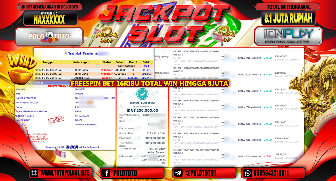 POLOTOTO JACKPOT SLOT MAHJONG WAYS Rp.8.100.000,- LUNAS