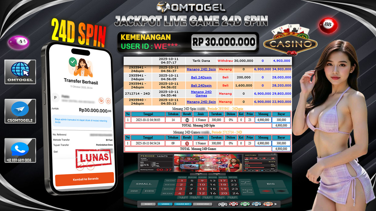 OMTOGEL JACKPOT LIVE GAMES 24D SPIN 30 JUTA DI BAYAR LUNAS ,-