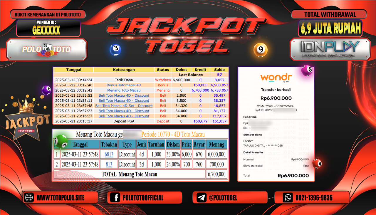 POLOTOTO JACKPOT TOGEL TOTO MACAU Rp.6.900.000,-