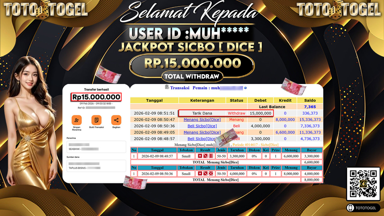 Bukti Pembayaran Jackpot Permainan Live Game Sicbo [ Dice ] ID:MUH*****LUNAS