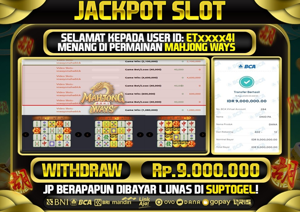  BUKTI KEMENANGAN 14 AGUSTUS 2025 MENANG DI PERMAINAN MAHJONG WAYS  TOTAL WD 9 JUTA