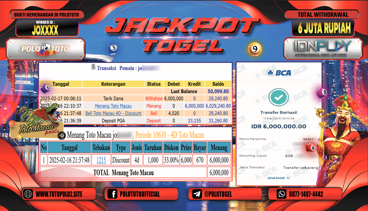 POLOTOTO JACKPOT TOGEL TOTO MACAU Rp.6.000.000,-