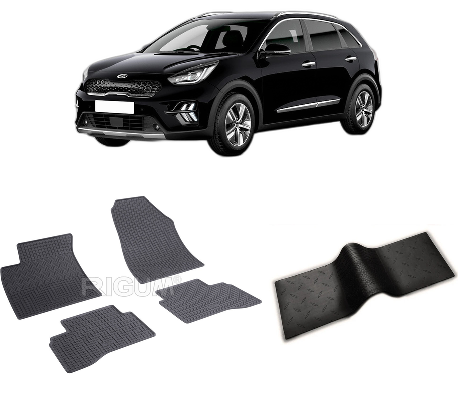 Set covorase auto KIA NIRO PHEV din 08.2016-PREZENT, cu covoras tunel median, CAROSERIE SUV, Presuri cauciuc 100%, compatibil cu autoturismul KIA NIRO PHEV, Rigum