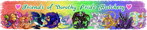 An image featuring a row of dragons the colors of a variety of LGBTQ+ pride flags on a rainbow brick background, with text above them that says Friends of Dorothy Pride Hatchery in between two pink hearts. Clicking this will take you to the new thread.