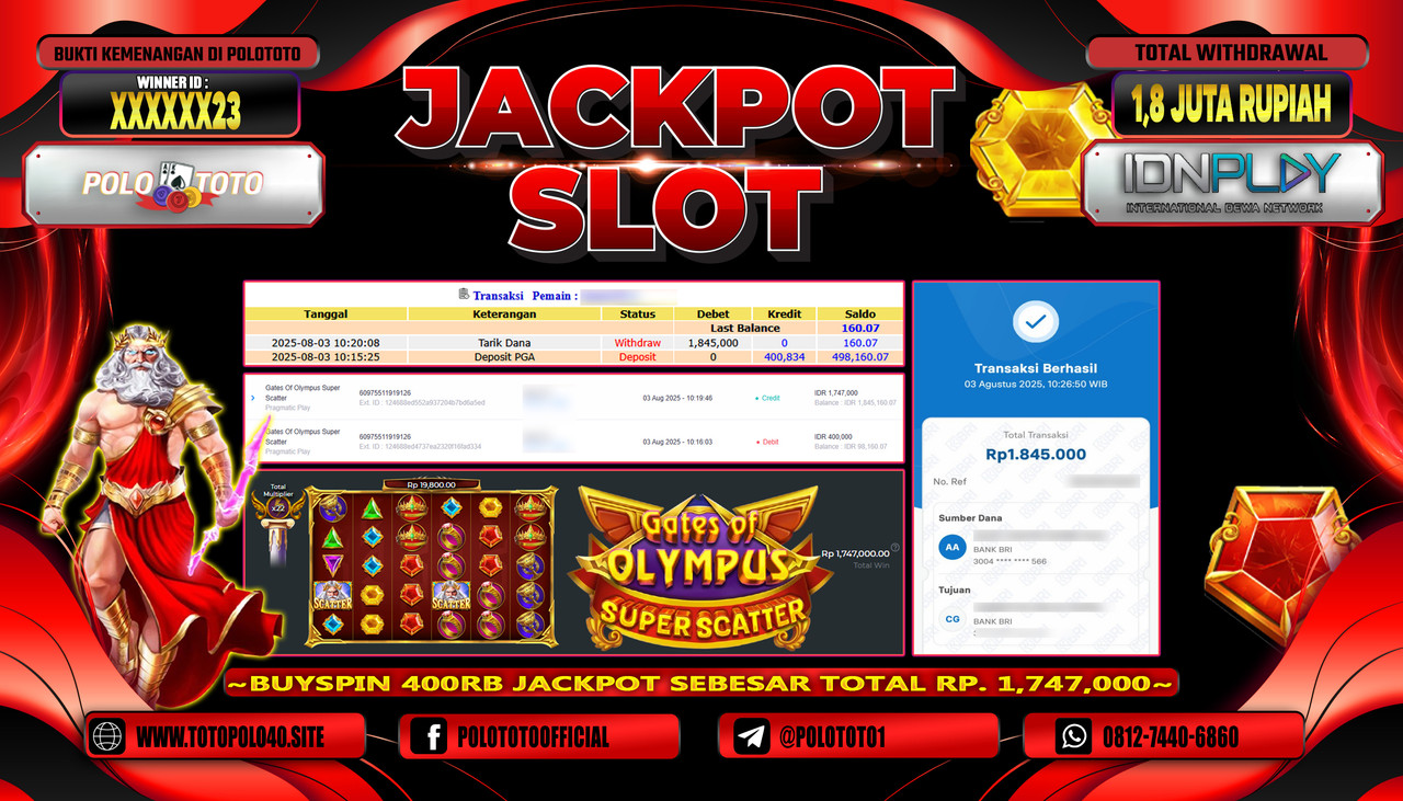 POLOTOTO JACKPOT SLOT GATES OF OLYMPUS SUPER SCATTER Rp.1.800.000,-LUNAS