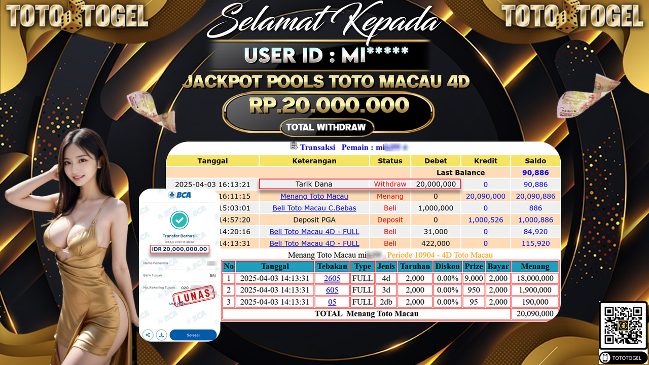 Bukti Pembayaran Jackpot  Permainan Togel Pools Toto Macau 4D ID:MI***** LUNAS