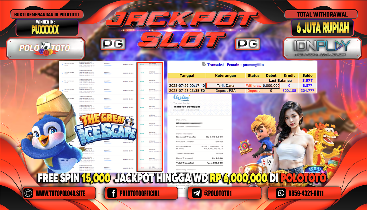 POLOTOTO JACKPOT SLOT THE GREAT ICE SCAPE Rp.6.000.000,-LUNAS