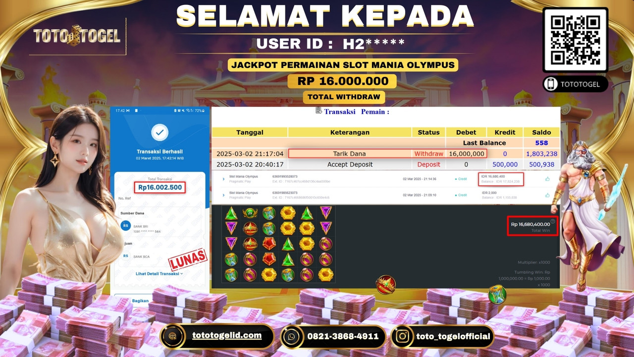 Bukti Pembayaran Jackpot  Permainan Slot Mania Olympus  ID:H2***** LUNAS