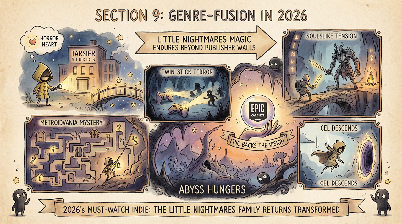 End of Abyss - Little Nightmares Team's Chilling Metroidvania Shooter Revealed 1 Dark sci-fi corridor with eerie blue lighting and monstrous shadows