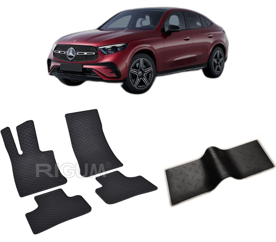 Set covorase auto MERCEDES GLC C254 din 07.2023-PREZENT, cu covoras tunel median, CAROSERIE SUV, Presuri cauciuc 100%, compatibil cu autoturismul MERCEDES GLC C254, Rigum