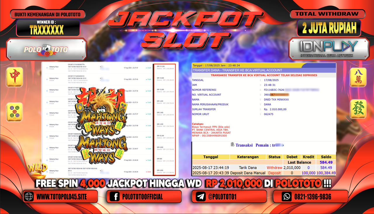 POLOTOTO JACKPOT SLOT MAHJONG WAYS Rp.2.010.000,-