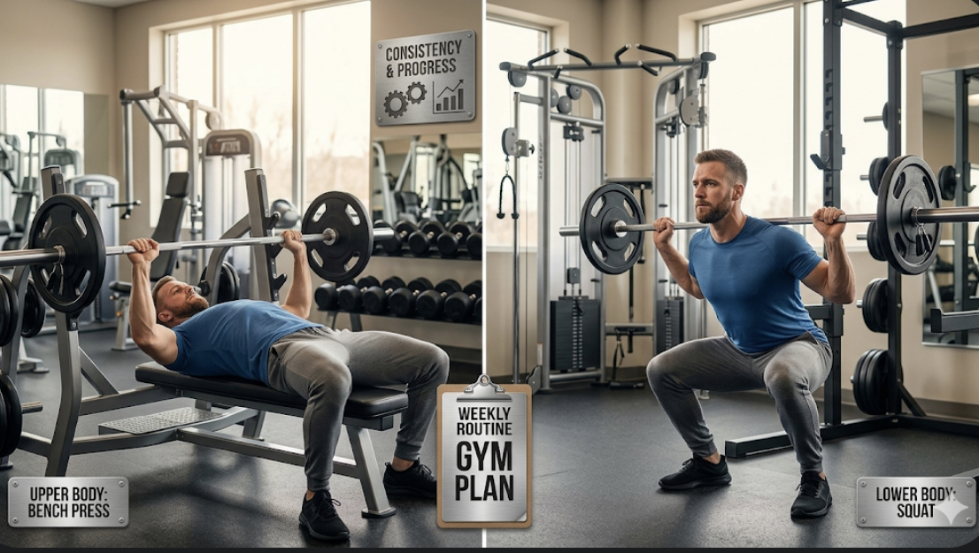 Person performing bench press for upper body and squat for lower body, representing gym plan weekly routine and simple workout split