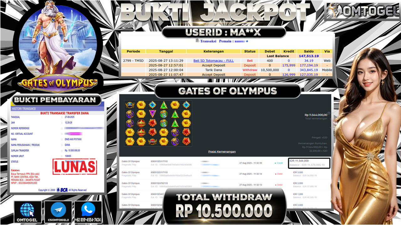 OMTOGEL JACKPOT PRAGMATIC PLAY GATES OF OLYMPUS 10 JUTA DI BAYAR LUNAS ,-