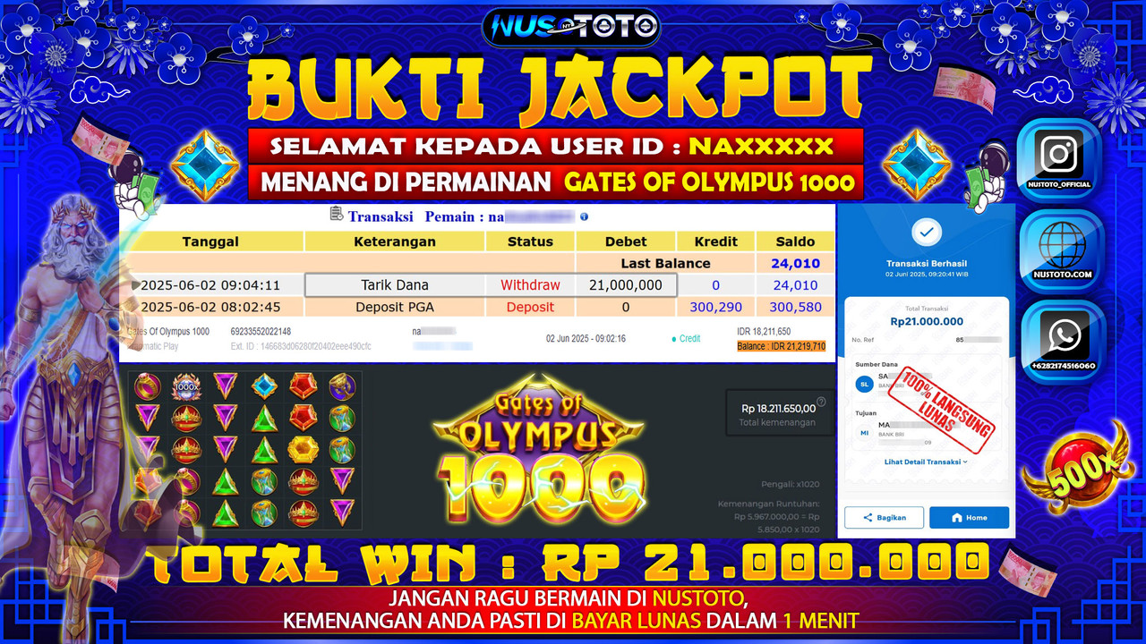 JACKPOT !! MENANG BESAR DI SLOT GATES OF OLYMPUS 1000 Rp. 21.000.000 LANGSUNG DI BAYAR LUNAS NUSTOTO !!